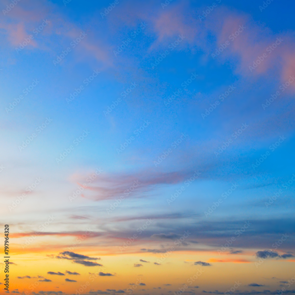 Poster Blue sky with clouds and bright sunrise.