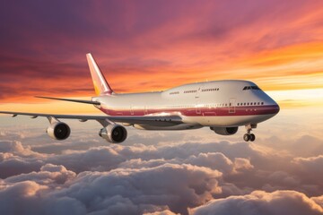 Fototapeta premium b'airplane flying over clouds at sunset'