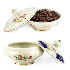 Vintage porcelain candy bowl isolated on white. Collage. - 797964364