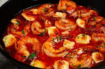 Greek saganaki, in an iron pan, saganaki with shrimp, shrimp in tomato sauce, with pepper and feta...