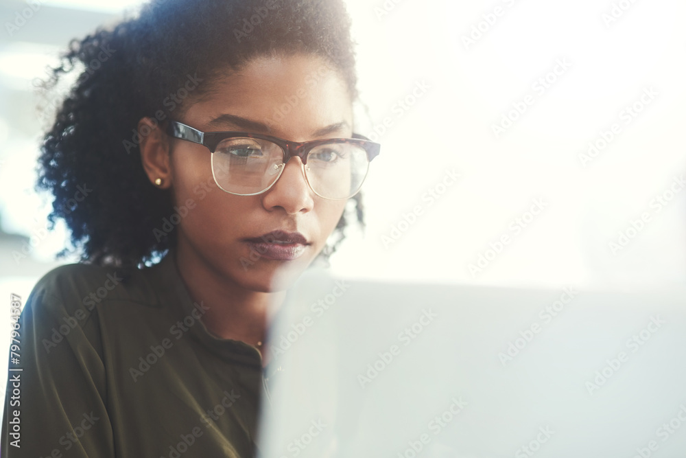 Poster Business woman, laptop and iot with online research, internet and content creation for website. Ux developer, planning and tech with startup employee and digital job of professional with glasses