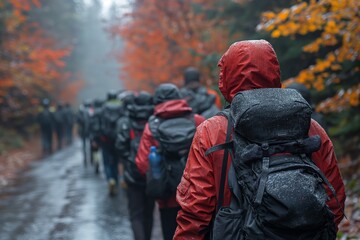 Wet autumn day with hiking group in forest