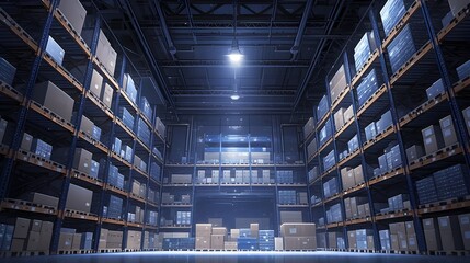 Organized Warehouse Facility with Numerous Shelves Storing Various Goods and Packages for Logistics and Distribution - obrazy, fototapety, plakaty
