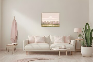 Cute Painting of a Landscape on a Wall with Soft Shadow and Light Pink Accent - Hand Edited Generative AI