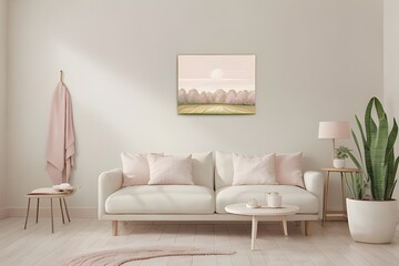 Obraz premium Cute Painting of a Landscape on a Wall with Soft Shadow and Light Pink Accent - Hand Edited Generative AI