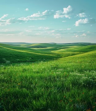 b'Green rolling hills under blue sky'