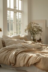 b'A cozy bedroom with a big window and a vase of flowers on the nightstand'
