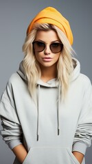 b'A blonde woman wearing a yellow beanie and sunglasses'
