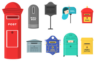 PNG, Vector set of mailboxes, letter boxes, pedestals for sending and receiving letters, correspondence, newspapers, magazines, bills. Set of mailbox for delivery envelopes, parcel in flat style.