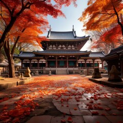 b'Japanese temple surrounded by red maple trees in autumn'