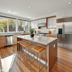 b'Modern kitchen island with wood and white cabinets'