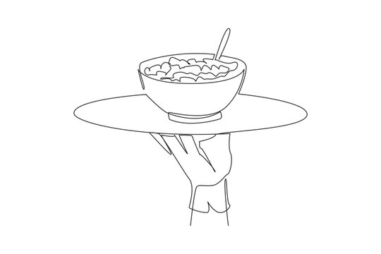 recommend clip art: Single continuous line drawing the waiter holds a food tray serving cereal. Foods usually eaten for breakfast. Served with fresh milk. Tasty. Delicious. Filling. One line design vector illustration