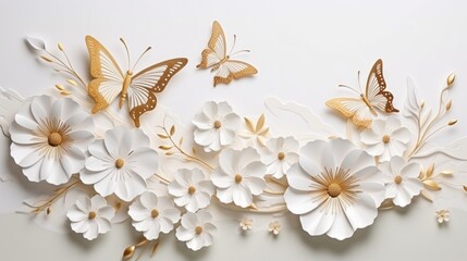 Branch of white plant with spring flowers and golden butterflies for a light, light background