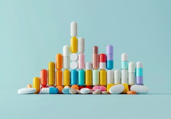 bar graph made of various colorful pills and tablets - obrazy, fototapety, plakaty