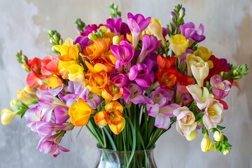 A bouquet of colorful freesias.