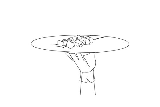 recommend clip art: Continuous one line drawing the waiter holds food tray serving kebabs. Traditional Turkish food. Generally use lamb. Grilled meat. Beef. Delicious. Skewer. Single line draw design vector illustration