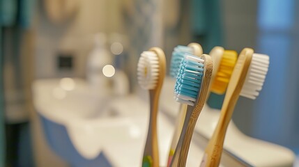 A close-up of eco-friendly, biodegradable toothbrushes in a family bathroom