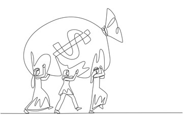 Continuous one line drawing a group of Arab businessmen and Arab businesswomen work together to carrying money bag. Great success. Get lots of benefits. Single line draw design vector illustration