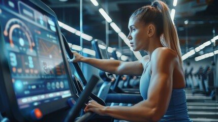 A futuristic gym with a treadmill that has a screen on it - obrazy, fototapety, plakaty
