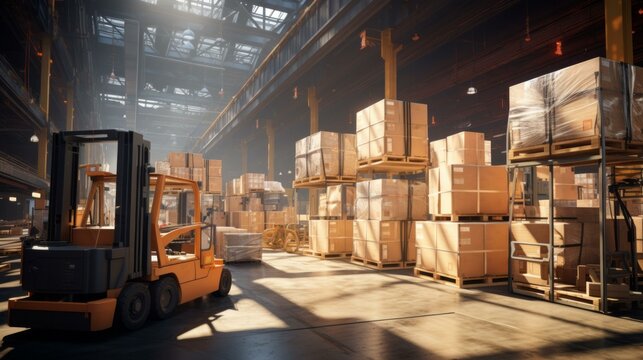 b'A large warehouse with a forklift and many boxes'