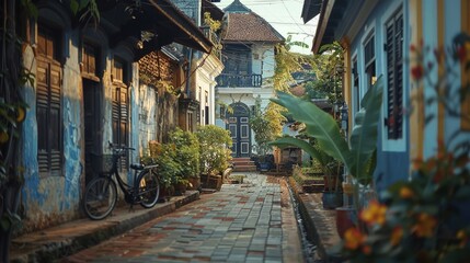 Fototapeta premium Heritage buildings with verandas in an old town bathed in soft light.