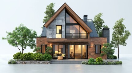 b'A modern two-story house with a brick exterior and a large glass window'