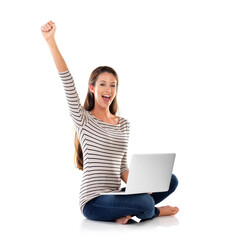 Portrait, happy and woman celebrate on laptop for good news, success or goal in studio isolated on a white background. Yes, cheers and excited winner on computer for lottery, bonus and mockup space