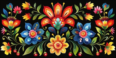 Symmetrical Ornament of Flowers and Leaves on Black Background