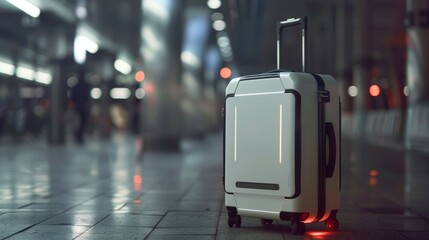 A suitcase with a glowing light on it is sitting on a wet sidewalk