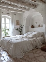 b'A bedroom with a large white bed, a window, and a plant'