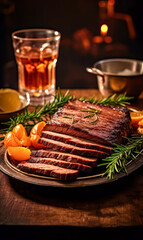 A slab of meat is cut into pieces and is sitting on a wooden cutting board. There are two glasses of beer on the table, one on the left and one on the right. The scene is casual and relaxed