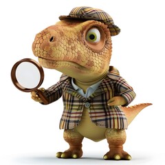 Adorable Baby Dinosaur Detective with Magnifying Glass Exploring Curiosities on White Background