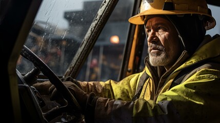 b'Portrait of a male construction worker wearing a hard hat and safety vest, sitting in the cab of a large mining truck.'