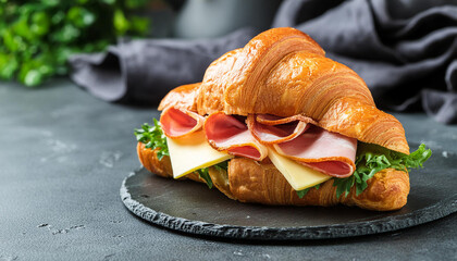 Close-up of fresh croissant with ham and cheese. Tasty food for lunch Delicious bakery.