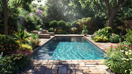 Lush backyard garden with a pool and flowering plants in a sunny suburban setting.
