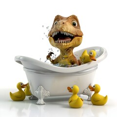 Joyful Baby Dinosaur Splashing in Bathtub with Rubber Duckies 3D Rendered Fantasy Scene - obrazy, fototapety, plakaty