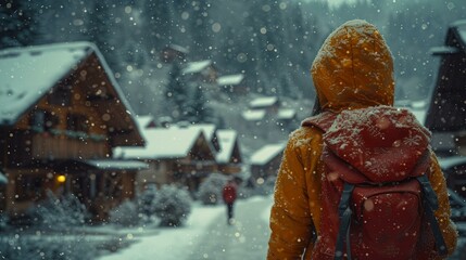 b'Snowy mountain village with a person in a yellow jacket and red backpack' - obrazy, fototapety, plakaty
