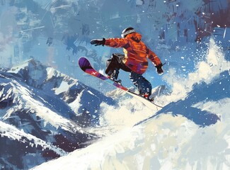 b'A snowboarder jumps over a snowy mountain peak.'