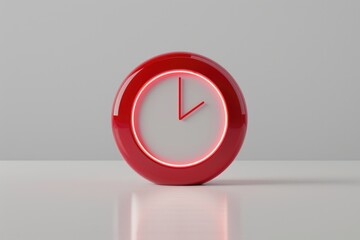 A red clock sitting on top of a white table. Perfect for time management concepts