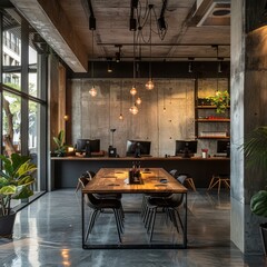 b'Modern office interior with concrete walls and wooden furniture'