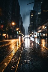Fototapeta na wymiar b'Rainy city street with yellow tram tracks and blurred lights in the background'
