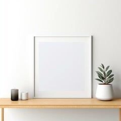 b'White frame mockup with a potted plant and a candle on a wooden table'