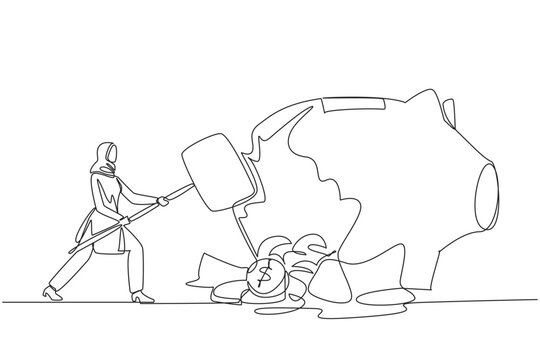 Single one line drawing Arab businesswoman hit big piggy bank with big hammer until cracked. Coins scattered around. Financial plans in disarray. Problem. Continuous line design graphic illustration