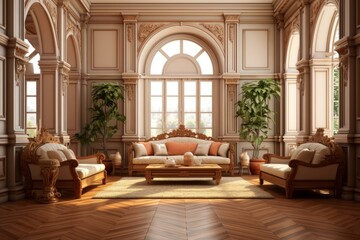b'Ornate living room with two sofas and a coffee table'