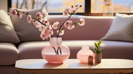 b'A beautiful living room with a vase of pink cherry blossoms'