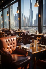 b'Modern restaurant interior with a view of the Dubai skyline'