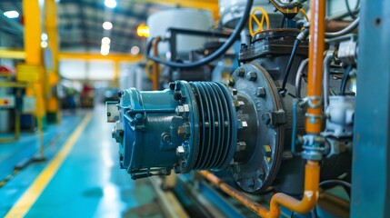 Fototapeta premium A row of orange and gray pumps are lined up in a factory