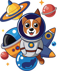Cartoon illustration of a dog astronaut in space with planets and stars