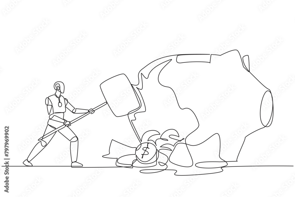 Poster continuous one line drawing robot hit big piggy bank with a big hammer until it cracked. coins scatt