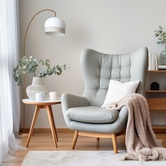 b'A stylish green armchair in a living room'